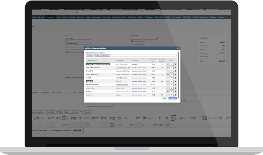 NetSuite intelligent item recommendations screen