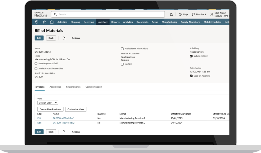 NetSuite Bill of Materials Inquiry page