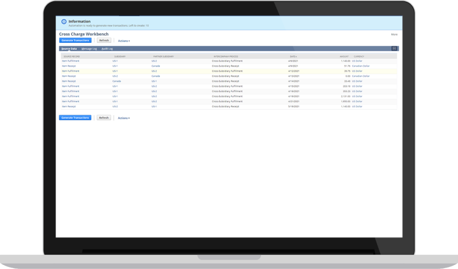 NetSuite cross-charge workbench dashboard