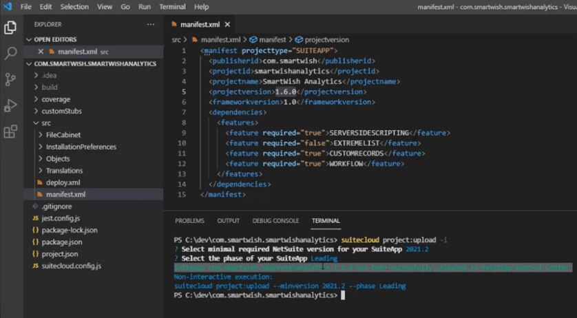 VsCode view of SDF Project Component and Terminal