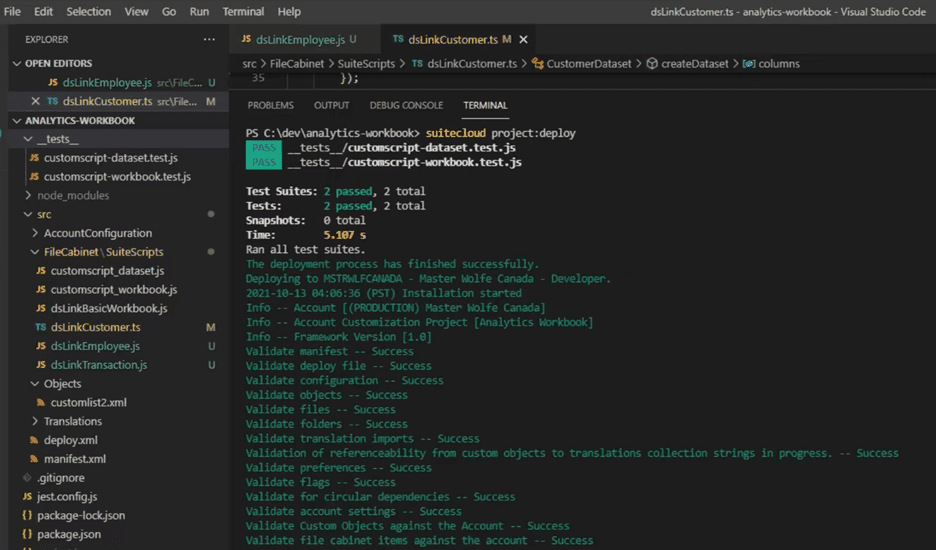 Test and Deployment actions running in SuiteCloud CLI